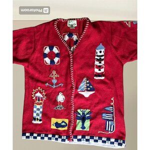Quacker Factory Nautical Knit Sweater button Cardigan Red L lighthouse boat‎